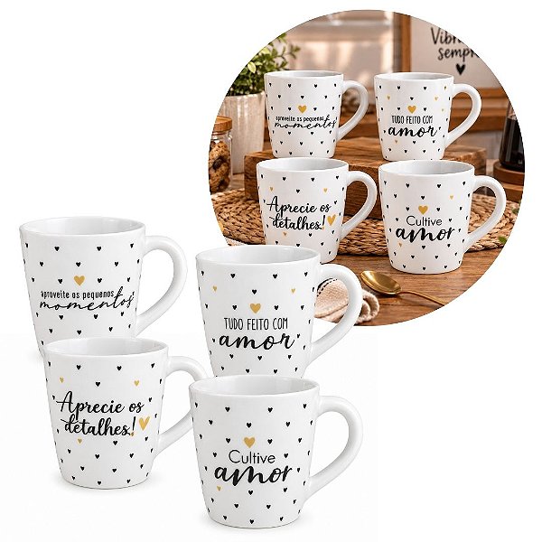 Jogo 4 Canecas Porcelana 150ml Corações e Frases Preto e Dourado