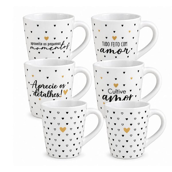 Jogo 6 Canecas de  Porcelana 150ml Mini Corações e Frases Preto e Dourado Prime
