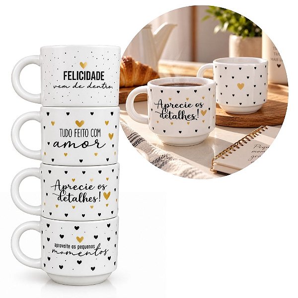 Jogo 4 Xícaras de Chá Porcelana Prime 200ml Empilháveis Frases e Corações