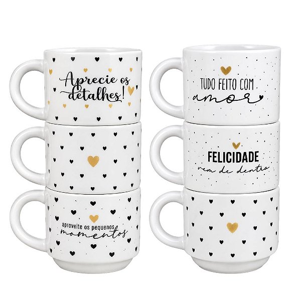 Jogo 6 Xícaras de Chá Porcelana Prime 200ml Empilháveis Frases e Corações