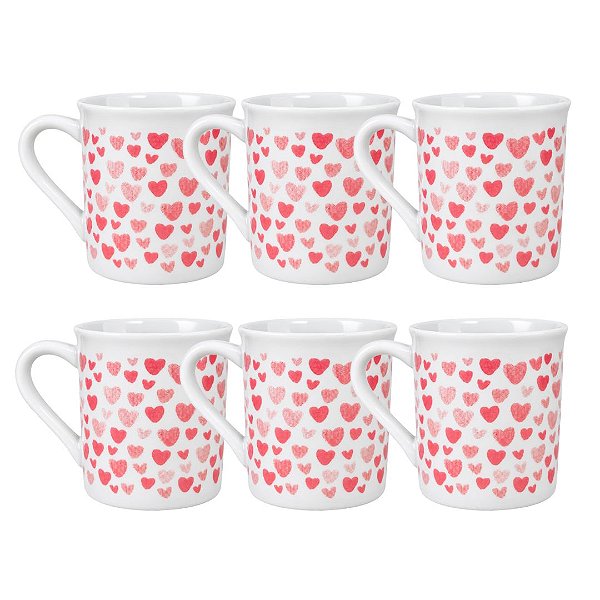 Kit 6 Mini Canecas Porcelana Branca 150ml Corações Vermelhos Prime