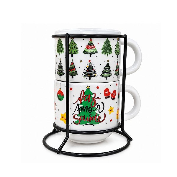 Kit 2 Xícaras de Chá c/ Suporte Estampa Natal Pinheiros Porcelana 200ml Empilháveis