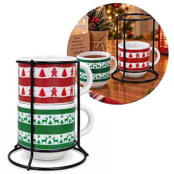 Kit 2 Xícaras Natalinas Porcelana 200ml Empilháveis com Suporte Christmas - Mundial Casa