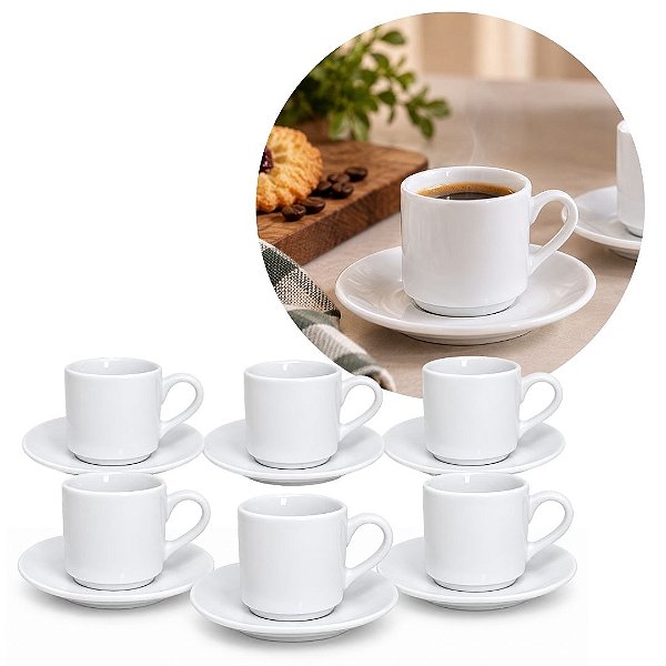 Jogo 6 Xícaras de Café com Pires Porcelana Branca Prime 60ml Empilháveis - Mundial Casa