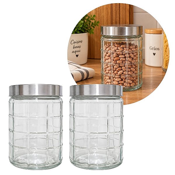 Jogo 2 Potes de Vidro Porta Mantimentos 1200ml Tampa Prata - Mundial Casa