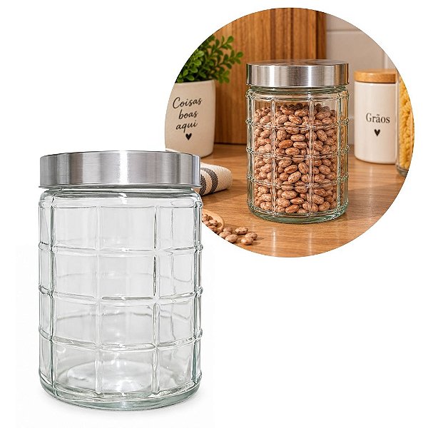 Pote de Vidro Redondo Porta Mantimentos Design Quadriculado 1200ml Tampa Prata - Mundial Casa