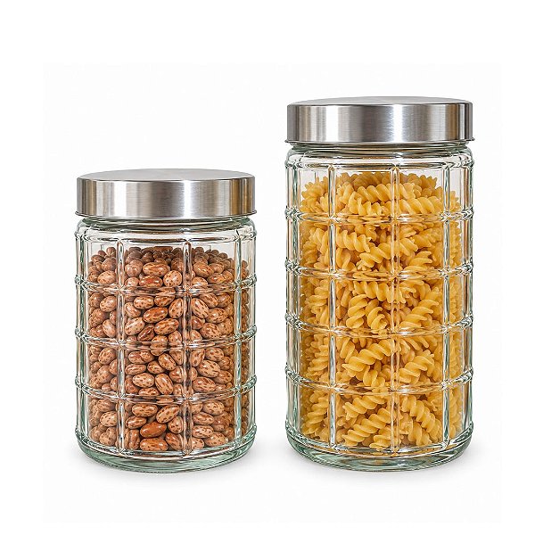Kit 2 Potes de Vidro Porta Mantimentos 1200ml e 1700ml Tampa Prata - Mundial Casa