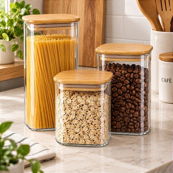 Jogo 3 Potes Vidro Borossilicato Design Quadrado Tampa Bambu Hermética 1000ml, 1200ml e 1500ml - Mundial Casa