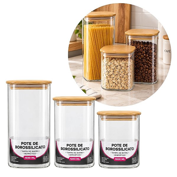 Conjunto Porta Mantimento 3 Potes Herméticos Vidro Borossilicato Tampa Bambu 19cm, 15cm  e 12cm