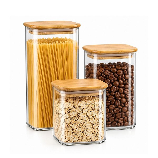 Kit 3 Potes Herméticos Vidro Borossilicato Quadrado Tampa Bambu 1000ml, 1200ml e 1500ml