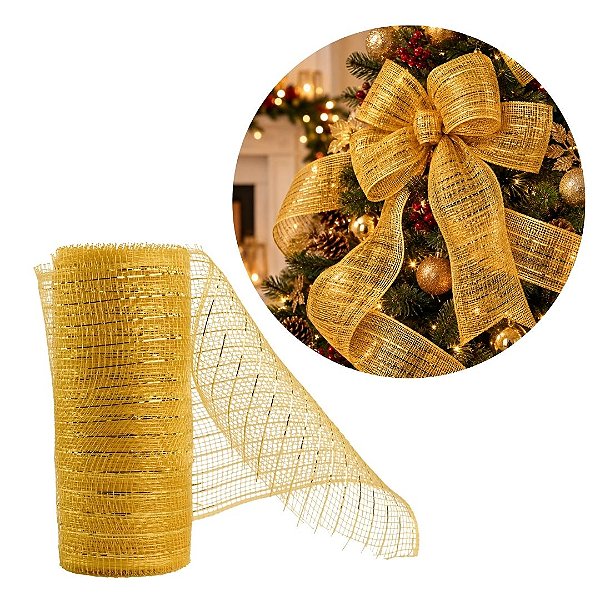 Tela Decorativa Natalina Dourada 15cm x 5 Metros Malha Tule Flexível Prime