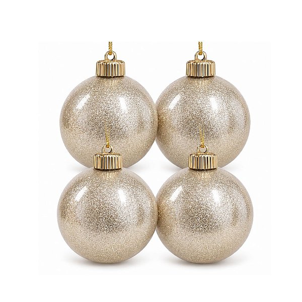 Kit 4 Bolas de Natal Glitter Champanhe Perolado Luxo 8cm com  Cordão Dourado