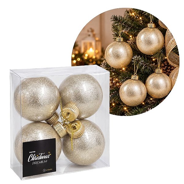 Jogo 4 Bolas de Natal Champanhe Perolado Luxo 8cm com Argola e Cordão Dourado