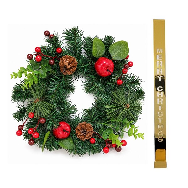 Kit Guirlanda Decorada 30cm Luxo Pinhas e Berries + Suporte Metal Dourado - Master Christmas