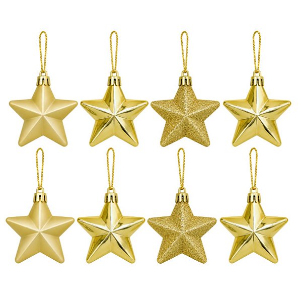 Kit 8 Estrelas Pendentes Natal 7cm x 7cm Mix Dourado Glitter, Lisa e Fosca - Master Christmas