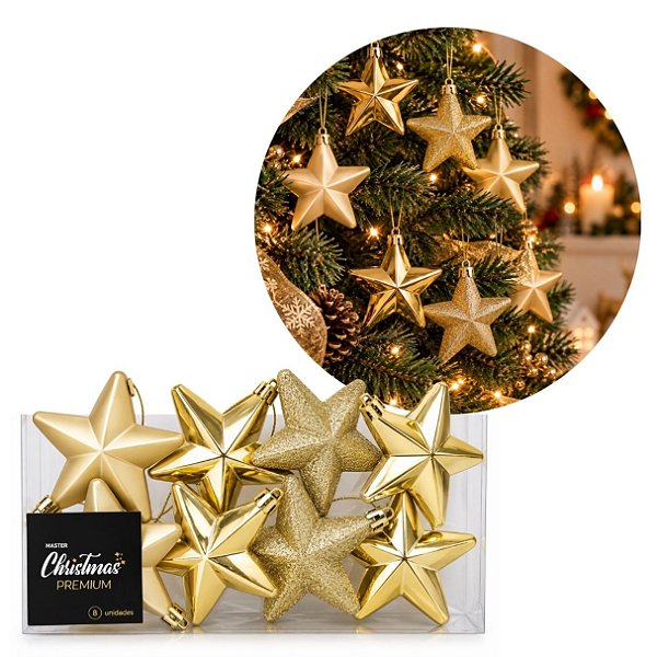 Jogo 8 Estrelas Pendente Douradas 7cm Natal Mix Glitter Lisa e Fosca