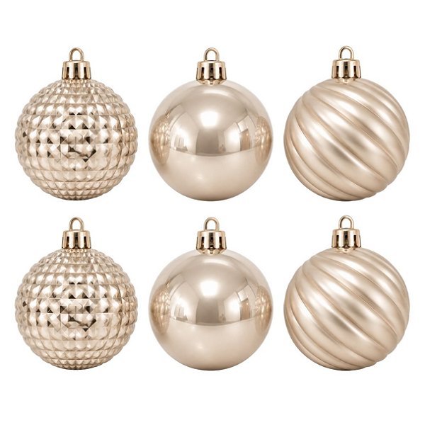 Kit 6 Bolas de Natal Champanhe 8cm Mix Perolada Fosca e Facetada Prime