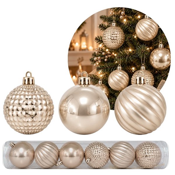 Kit 6 Bolas de Natal Champanhe Perolado Luxo 8cm Mix Fosca e Facetada - Master Christmas