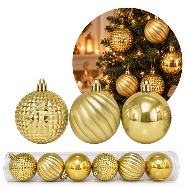 Kit 6 Bolas de Natal Douradas 8cm Mix Perolada Fosca e Facetada Luxo - Master Christmas