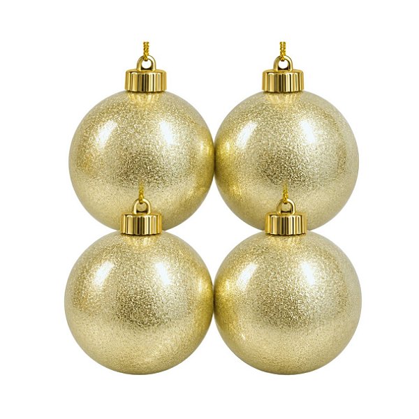 Kit 4 Bolas de Natal Dourado Glitter Perolado Luxo 8cm Premium