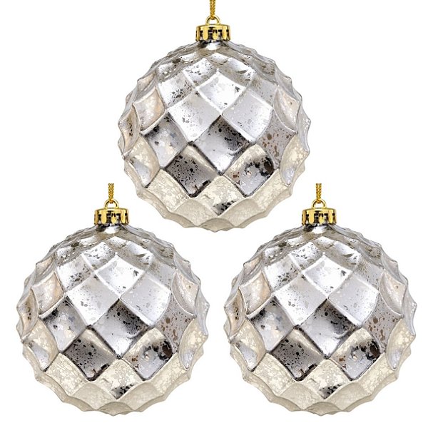 Kit 3 Bolas de Natal Grande 15cm Champanhe Prata Facetada Diamante Luxo