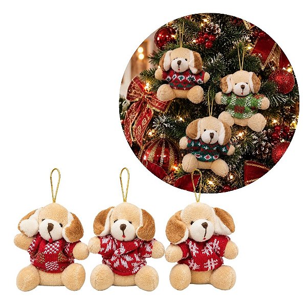 Kit 3 Mini Pelúcias Cachorro Natalino Pendente 11cm com Roupa Tricô - Master Christmas