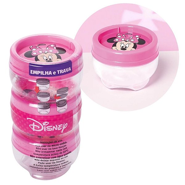 Kit 3 Mini Potes Organizadores Minnie Mouse 155ml Gire e Trave Empilháveis Plasútil
