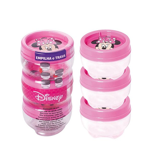 Kit 6 Mini Potes Organizadores Minnie Mouse 155ml Gire e Trave Empilháveis Plasútil