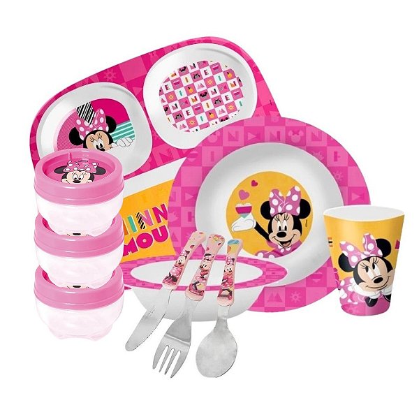 Kit Refeição Infantil Minnie 10 Peças Pratos, Tigela, Copo Melamina, Talheres Inox e Potes Organizadores