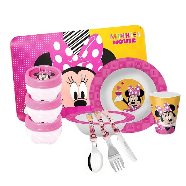 Kit Refeição Infantil Minnie 10 Peças Melamina Prato, Tigela, Copo, Lugar Americano e Talheres - Tuut