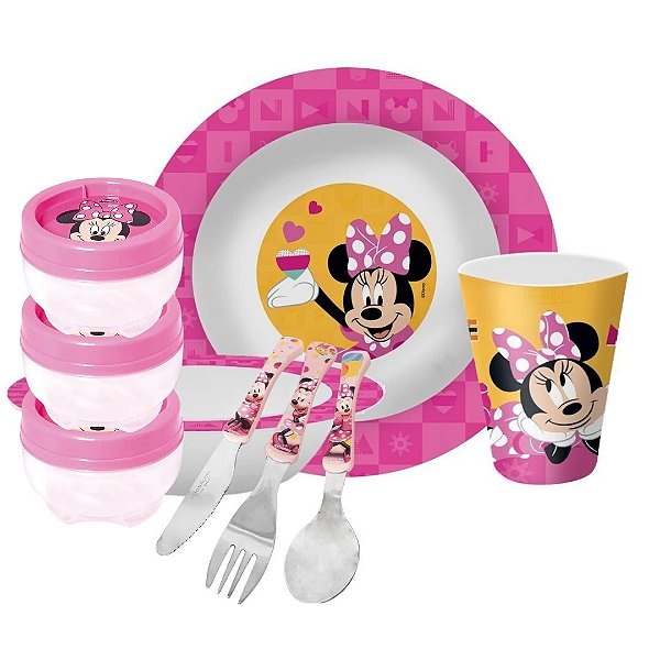 Kit Refeição Infantil Minnie Disney 9 Peças Prato, Tigela, Copo e Talheres - Tuut