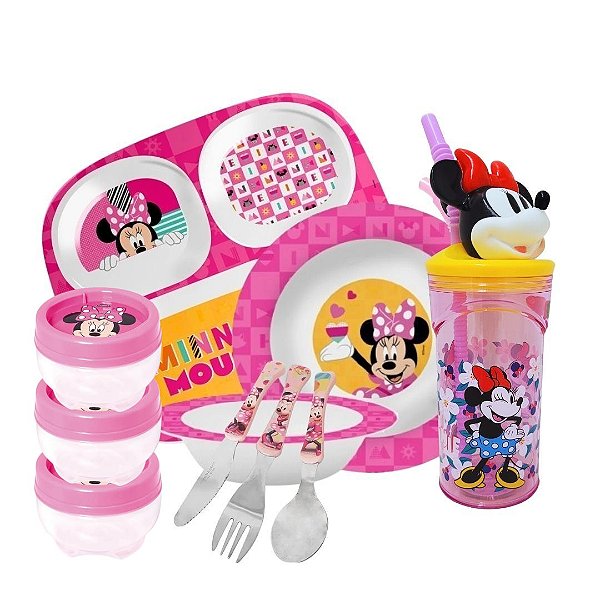 Kit Refeição Infantil Minnie 10 Peças Melamina, Copo 3D, Talheres Inox e Pote Multiuso