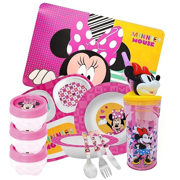 Kit Refeição Infantil Minnie Mouse 11 Peças Pratos, Tigela, Copo 3D, Lugar Americano, Talheres e Pote Multiuso