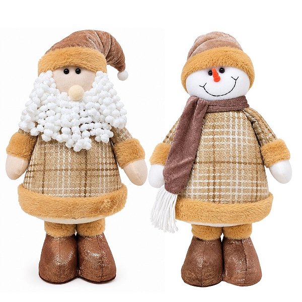 Jogo Papai Noel e Boneco de Neve Decorativo Pelúcia Tricô Mocha Marrom e Bege Luxo 41cm - Master Christmas