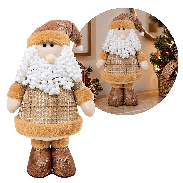 Papai Noel Decorativo Pelúcia Tricô Mocha Marrom e Bege Luxo 41cm - Master Christmas