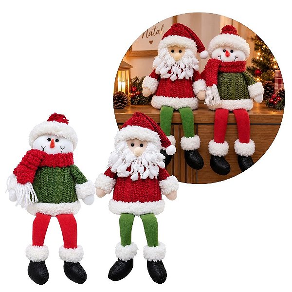 jogo Papai Noel e Boneco de Neve Decorativo Sentado Perna Mole Tricô Vermelho e Verde Luxo 40cm