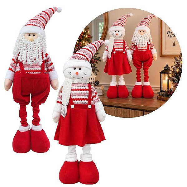 Jogo Papai Noel e Boneco de Neve Retrátil 46 a 73cm Pelúcia Vermelho e Branco Prime Estica e Encolhe!