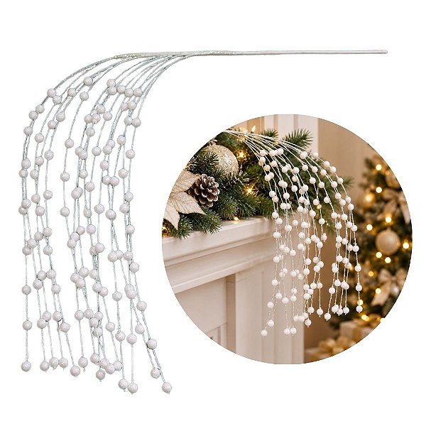 Galho Decorativo Natalino Caimento Lateral Mini Bolas Branco Cristal com Glitter 84cm