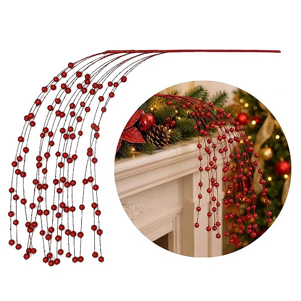 Galho Decorativo Natalino Caimento Lateral Mini Bolas Vermelhas com Glitter 84cm