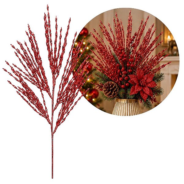 Galho Decorativo Pick Natalino Setarias Vermelho Espiral Aramado 60cm