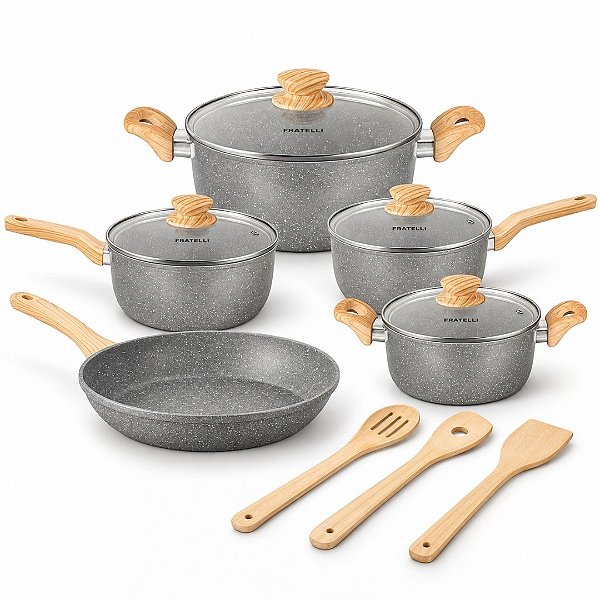 Conjunto de Panelas Fratelli Max Chef Wood 8 Peças Revestimento Cerâmico Antiaderente Indução