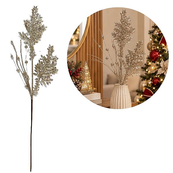 Galho Natalino Pick Decorativo Folhagens e Berries Champanhe com Glitter 74cm