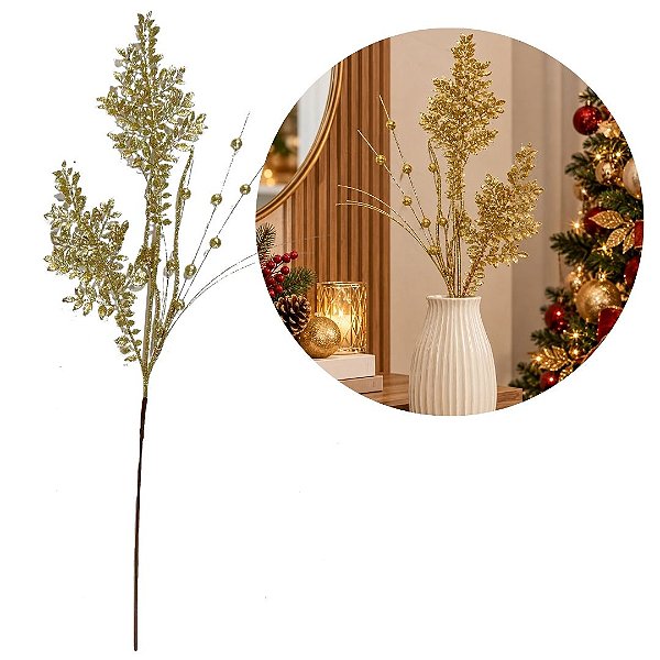 Galho Natalino Pick Decorativo Folhagens e Berries Dourado com Glitter 74cm