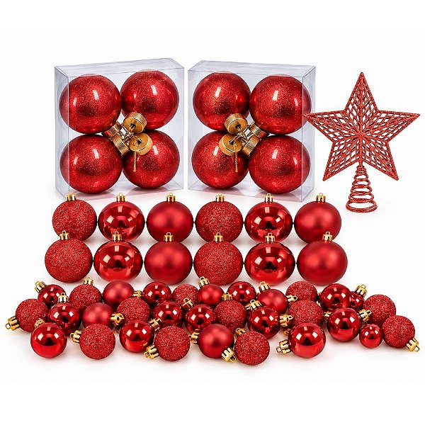 Kit 50 Bolas de Natal Vermelhas Mistas Glitter, Brilho e Perolada + Ponteira Espiral 20cm - Mundial Casa
