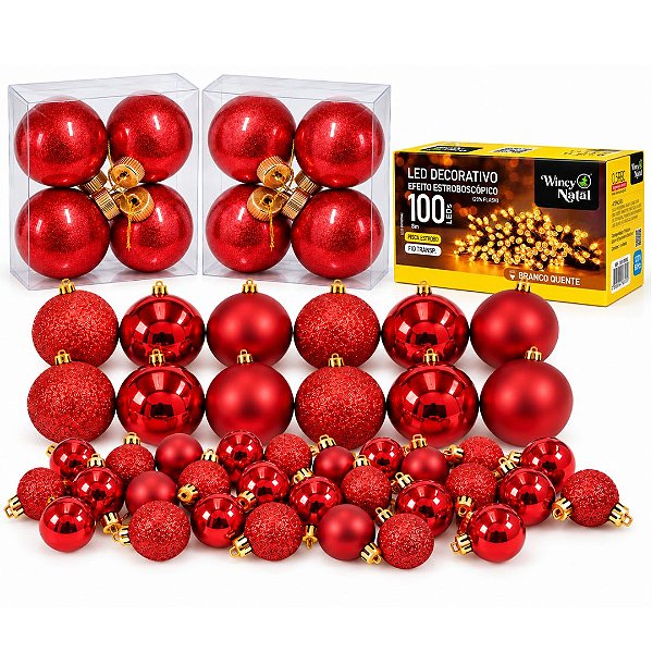 Kit Completo 50 Bolas de Natal Vermelhas + Pisca LED Estrobo 100 LEDs 8m 127V - Mundial Casa