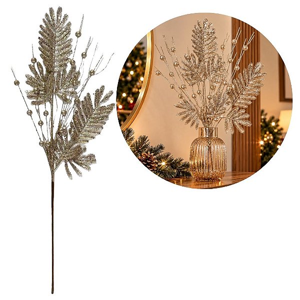 Galho Natalino Pick Folhagens Samambaia e Azevinhos Glitter Champanhe 75cm