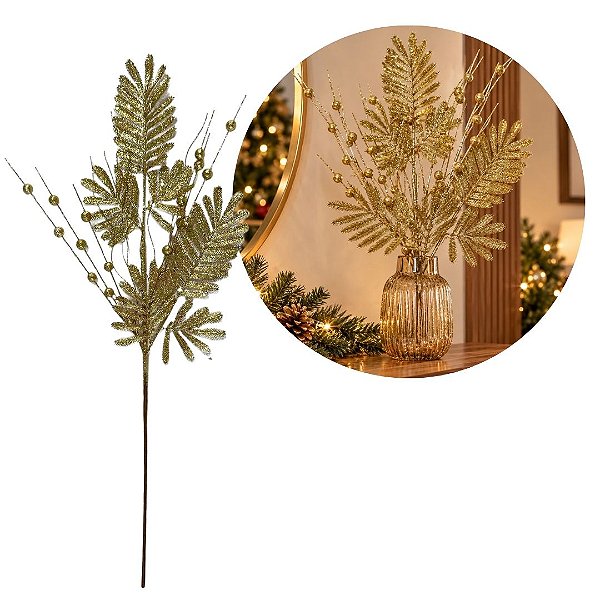 Galho Natalino Pick Folhagens Samambaia e Azevinhos Glitter Dourado 75cm