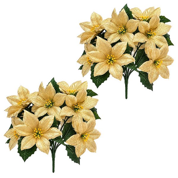 Kit 2 Buquês Natalino Bico de Papagaio Dourado 7 Flores Tecido 30cm Prime - Tuut