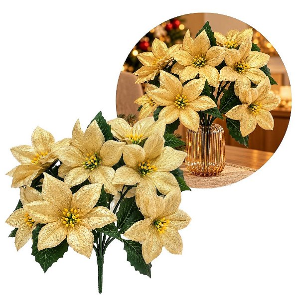 Buquê Natalino Bico de Papagaio Dourado 7 Flores Tecido 30cm Prime