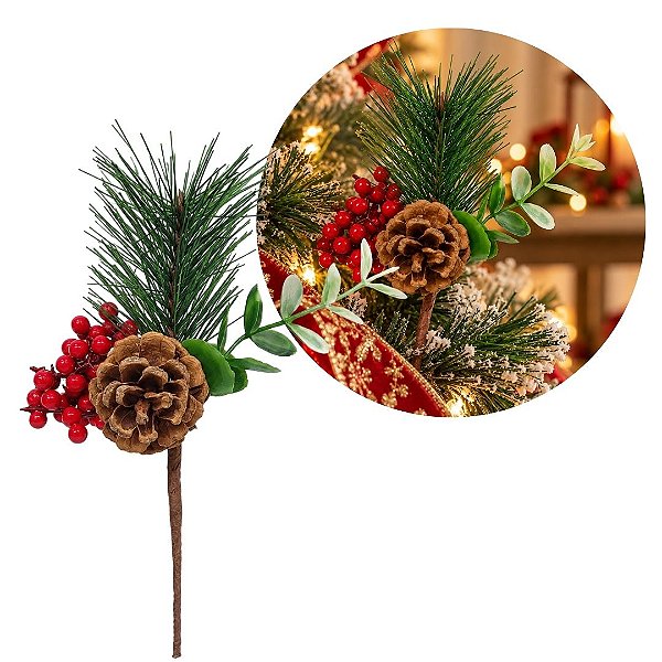Pick Natalino Folhagens Pinheiro e Eucalipto com Pinha Natural e Azevinhos 20cm